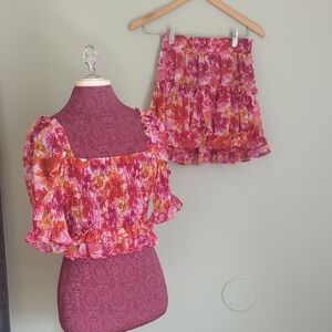 NWT Misa Los Angeles Pink Floral Smocked Top and Skirt Set XS